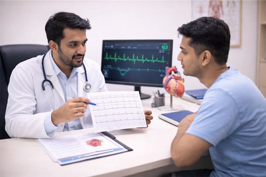 Cardiologist reviewing ECG results with advanced monitoring equipment